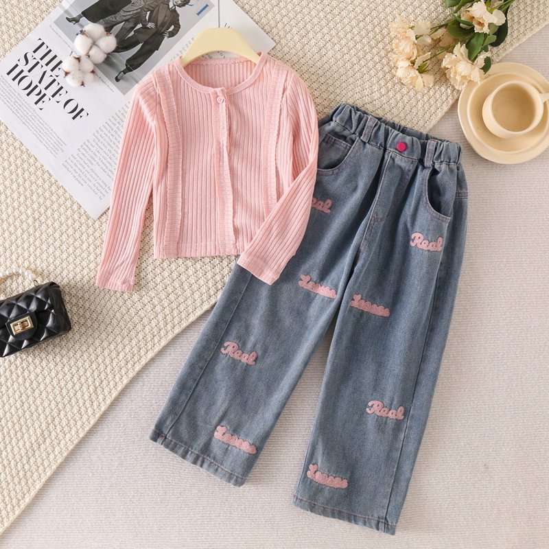 Kids Clothing Girls Suit Autumn New Girls Long Sleeved Round Neck Waist Top Jeans Two Piece Suit