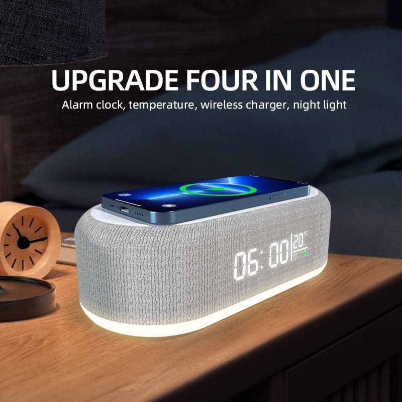 Wireless Alarm Clock Time LED Light Thermometer Earphone Phone Charger 15W Fast Charging Dock Station For IPhone Samsung