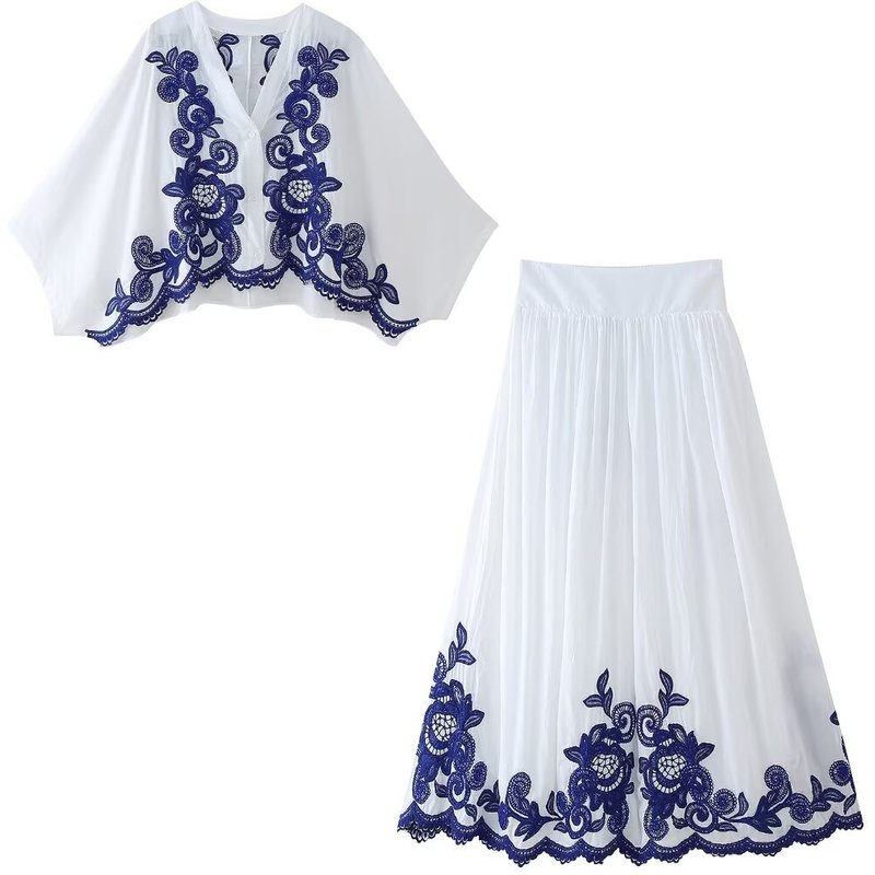 Women's ClothingFashion Contrast Embroidered Shirt + Skirt Set Women