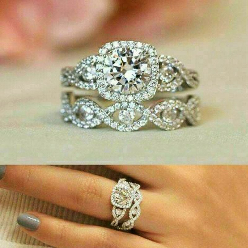 Jewelry & Accessories New Ring Full Diamond Micro Set Couple Princess Round Diamond Set Ring Luxury Engagement Jewelry