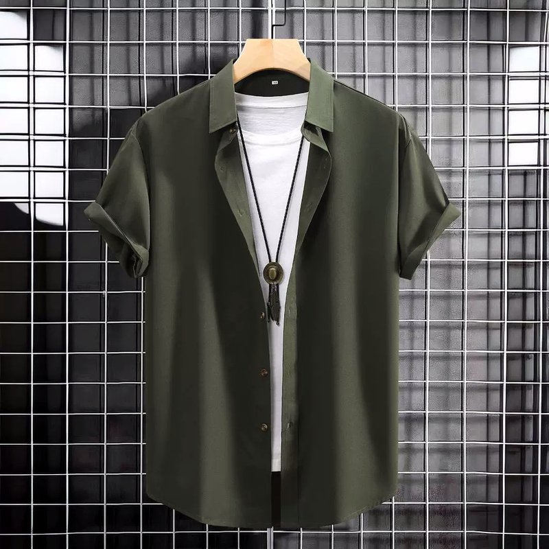 Men's Clothing short-sleeved shirt solid color pure color fashionable men's wear four-sided stretch men's shirt summer dark green 2024 new