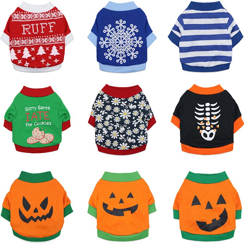 Pet costume Dog clothing cotton wool black print fish bone pet T-shirt Halloween Christmas style