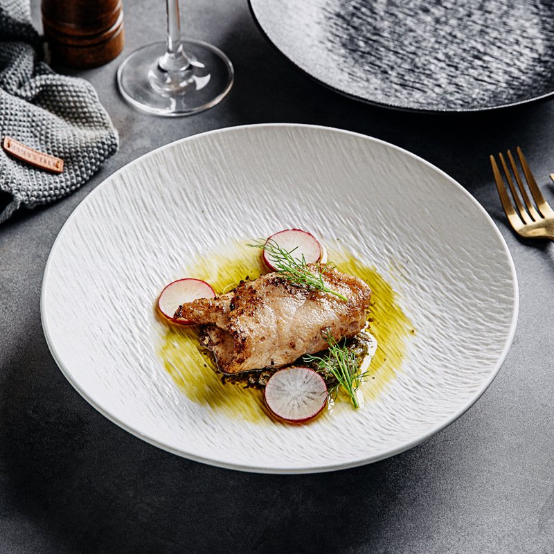 Stone Texture Ceramic Dinner Plate - Deep Bowl For Soup & Dishes (Elegant, High-End Tableware For Home & Restaurant Use)​​