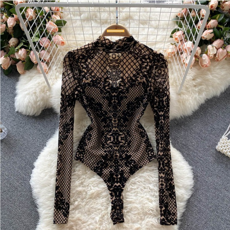 Women's one-piece sexy see-through long-sleeved slim-fit base top jumpsuit
