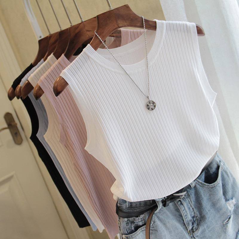 Women's inner layer in summer and as outer layer, tight-fitting short style with small camisole, ice silk thin knitted sweater sleeveless top