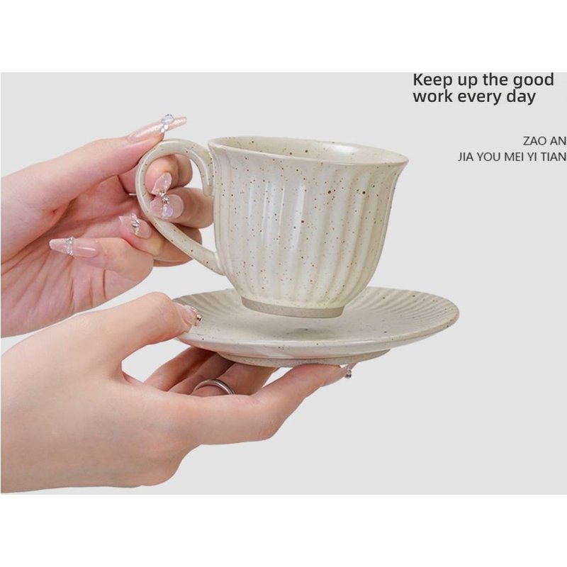 Vintage Striped Ceramic Coffee Cup & Saucer Set – Rustic Stoneware Mug For Office Tea, Afternoon Milk, And Cozy Home Brews​​