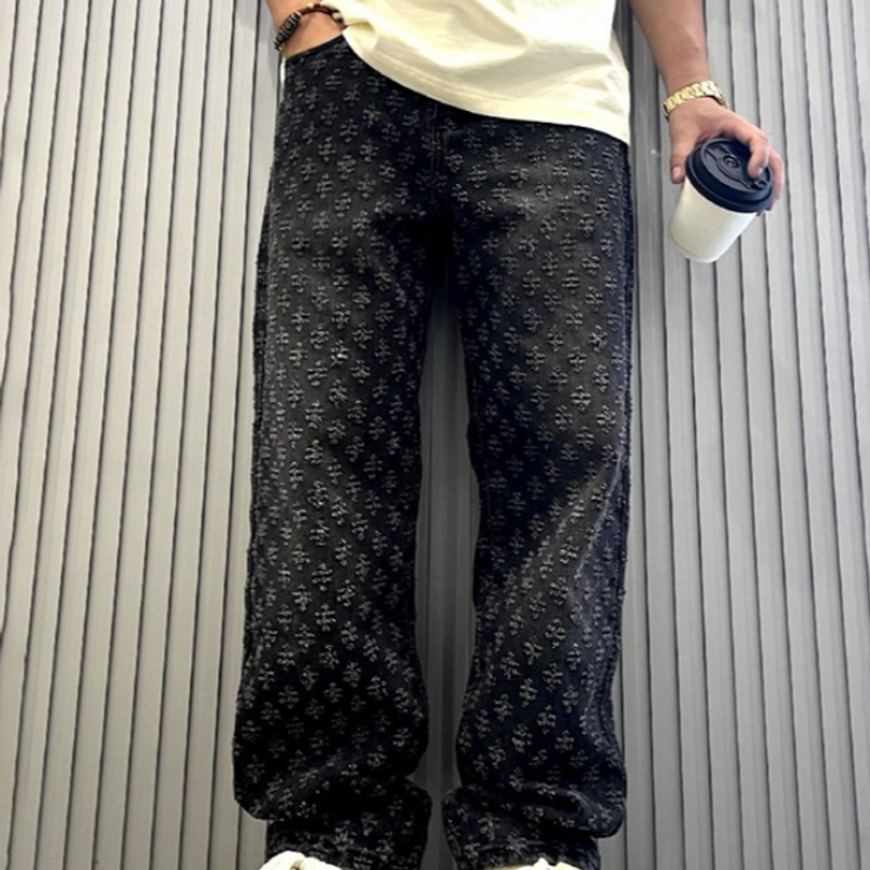 Men's Clothing jacquard full print high street fashion brand ins design jeans loose straight washed wide leg long pants