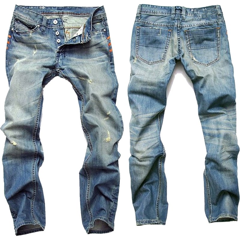 Men's Clothing Men's Ripped Nostalgic Jeans Light Blue Straight Slim Button Men's Jeans 8873