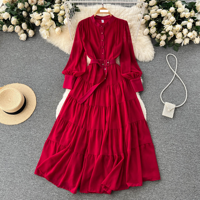 Women's Clothing Spring new style V neck single breasted chiffon dress women's French retro waist slimming big swing A line long skirt trendy