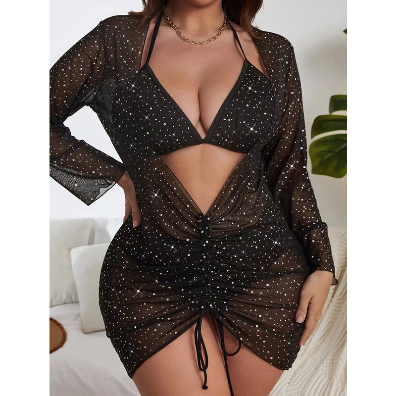 Women's large size three-piece swimsuit star-studded sequins sexy sunscreen swimsuit for women