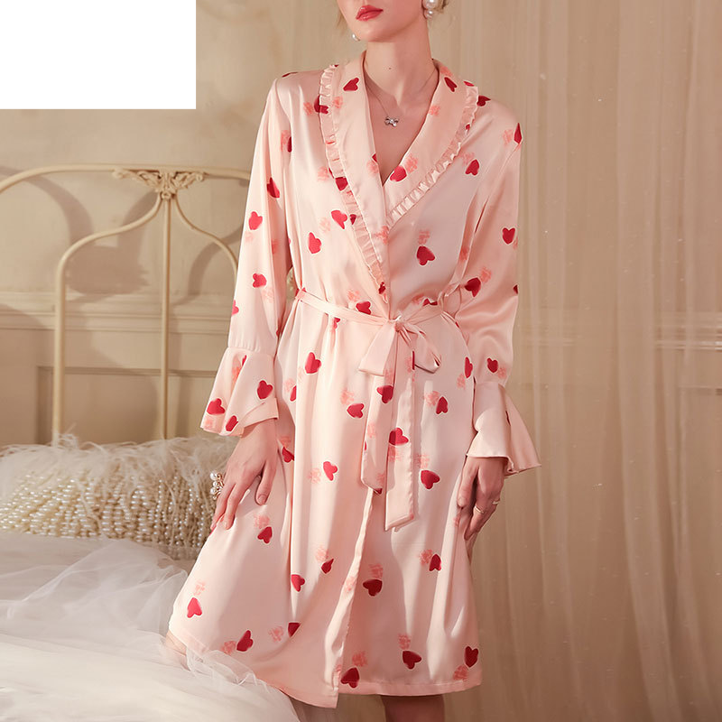 Women's Sleepwears Home ice silk pajamas Love satin nightgown Home wear morning gown