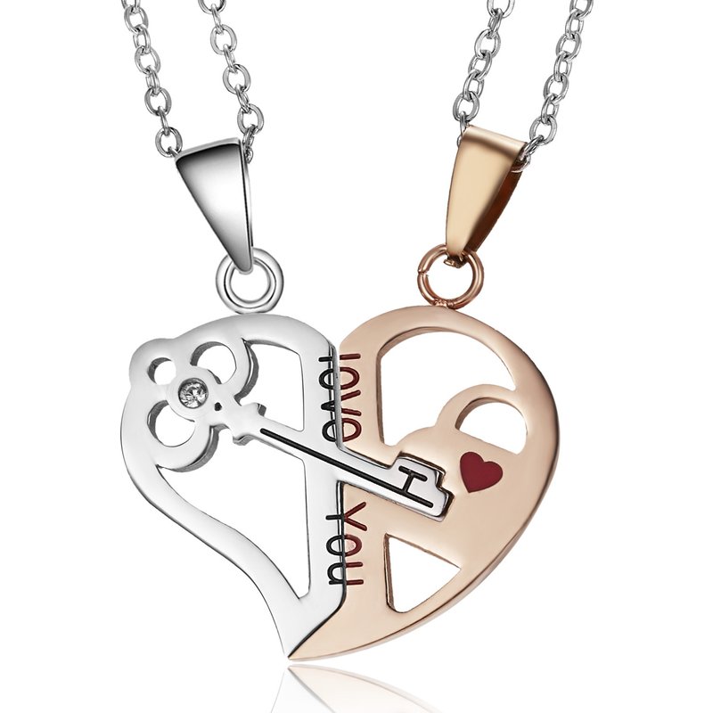 Hot Selling Stainless Steel Female Cat/Key Puzzle Necklace, Heart-shaped Two-color Engraved Couple Necklace,Personalized Couple Gift