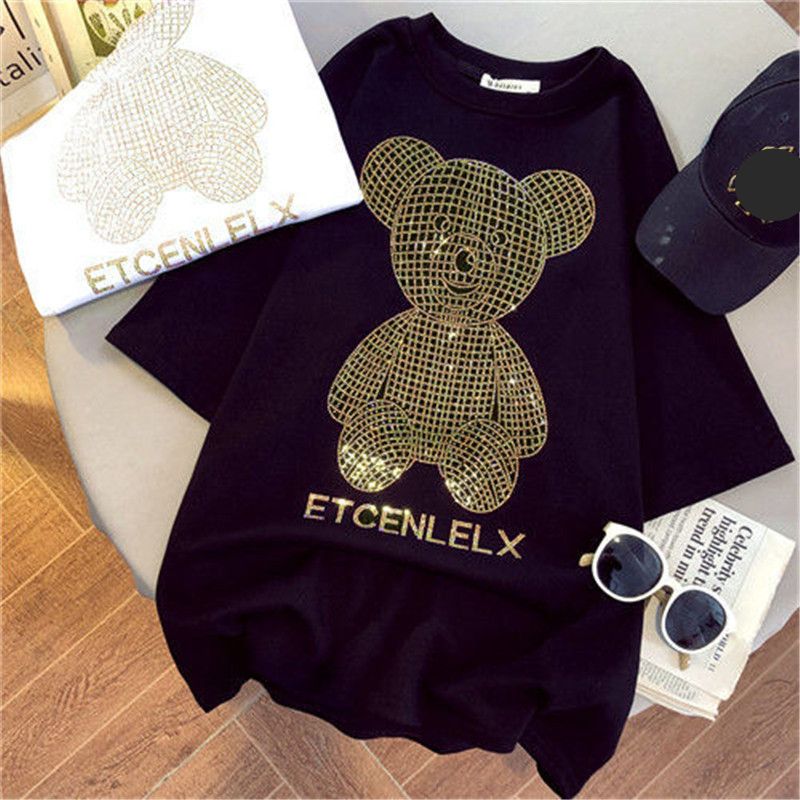 Women's Clothing 2024 combed cotton short-sleeved T-shirts for women super popular bear hot diamond couple loose large size tops