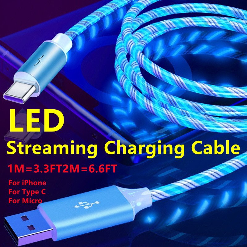 USB LED Streamer Glow Flowing Charging Cable Cord, Lightning USB Type C Charging Cable For IPhone Apple Samsung Android Smartphones1M=3.3FT/2M=6.6FT