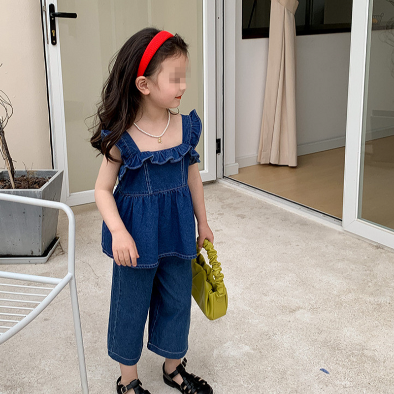 Kids Clothing fashionable and stylish denim suit thin children's back wide leg pants two piece suit