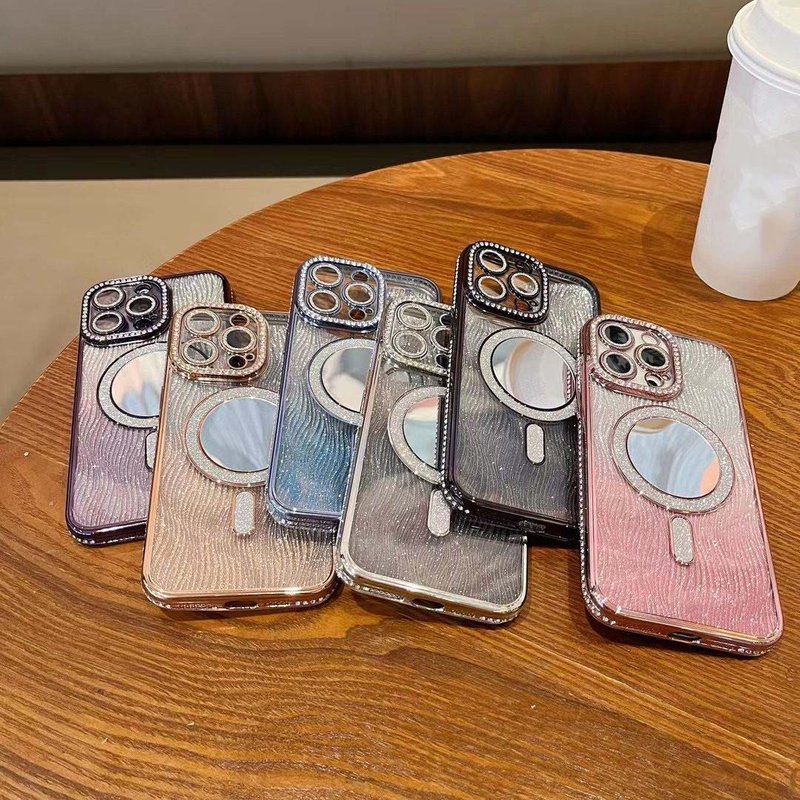 Luxury Rhinestone Glitter Magnetic Case For IPhone 16 Pro/15/14 - Mirror Finish With Wave Design & Built-in Stand