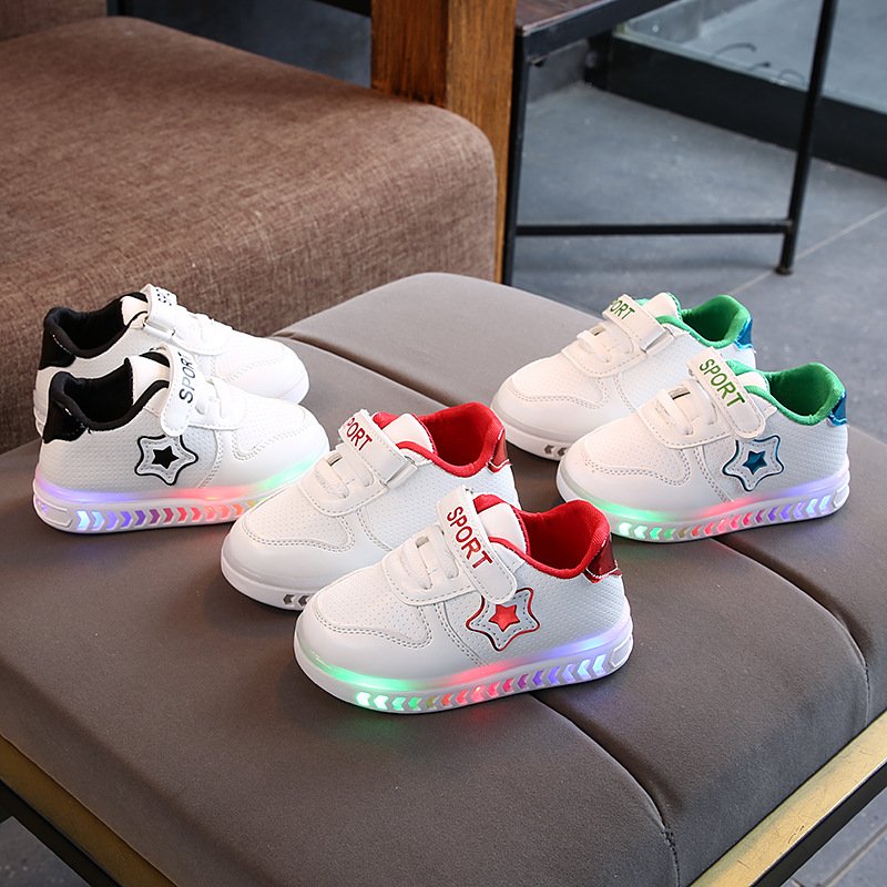 Mother & Kids Children's luminous shoes 2024 Korean version new children's sports shoes white shoes five-pointed star student shoes baby toddler shoes