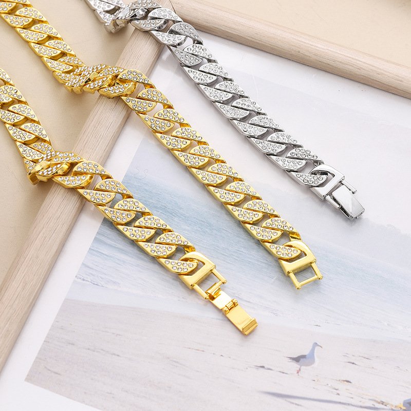 Cuban Chain Full Diamond Thick Necklace Bracelet Combination Hip Hop Street Trendy Personality Rap Accessories