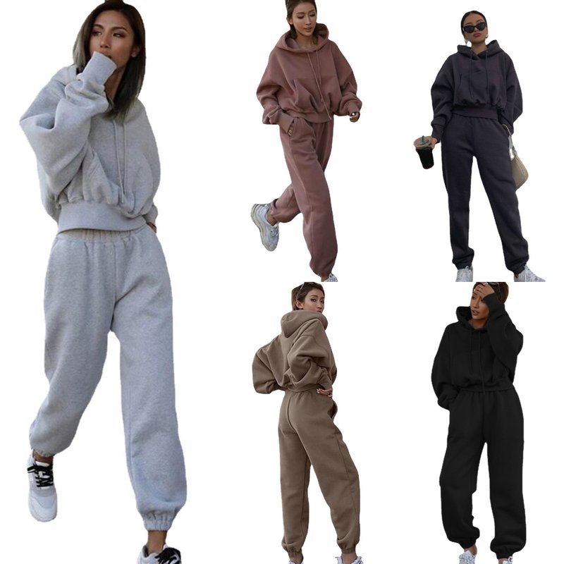 Women's Hooded Drawstring Casual Hoodie Jacket Sports Suit