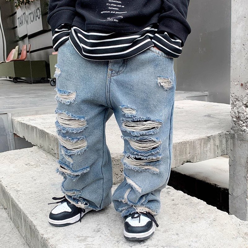 Mother & Kids Children's Spring and Autumn Clothing Boys' Ripped Jeans Trendy Cool Handsome Pants Trousers Autumn Thin Style 2023 New Style