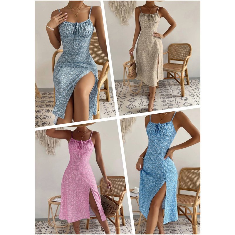 Print Split Pleated Print Zipper Single Dress