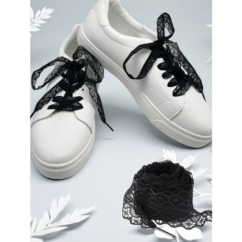 2 Pieces Lace Shoelaces, Ballet Style Cute Girl Accessory, Black And White Silk Lace Edged Shoelaces