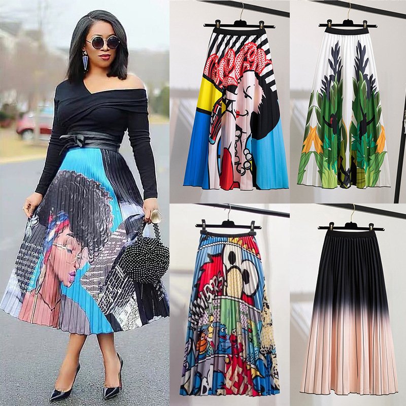 Spring/Summer New Cartoon Animal Print Pattern Elastic and Elastic Pleated Ha Women's Mid length A-line Skirt