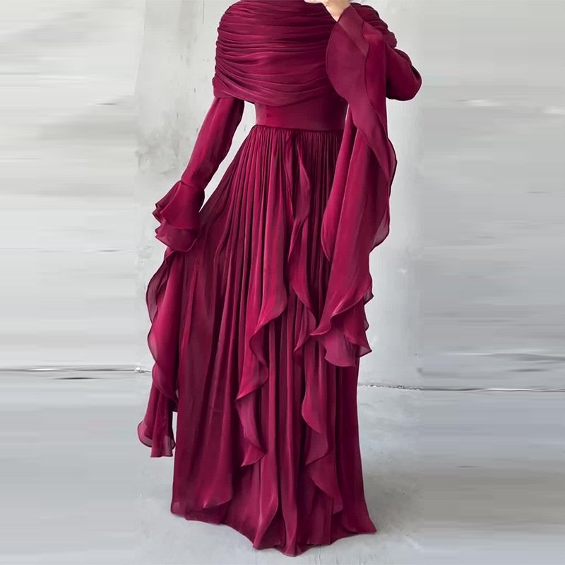 Elegant Asymmetrical Ruffle Maxi Dress â Red & Deep Brown Flowy Evening Gown For Women (XS-XXXL)