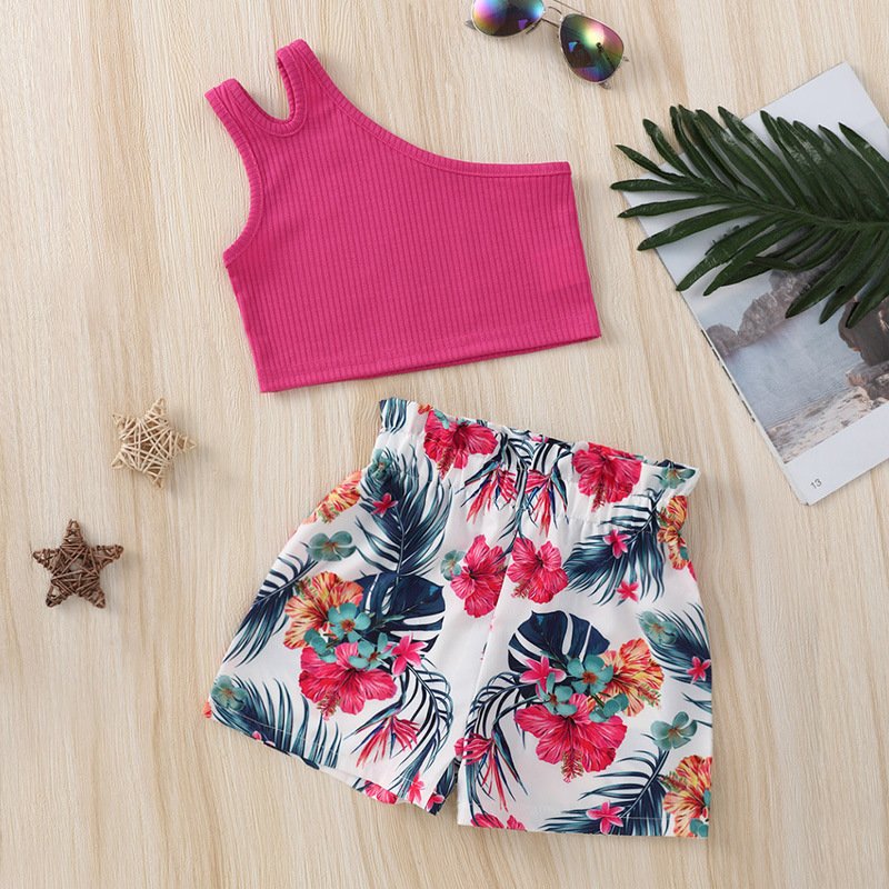 Mother&Kids Kids' tank top Kids' Summer girls' one-shoulder halter top + floral printed shorts two-piece set