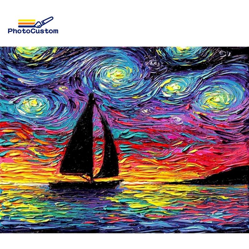 PhotoCustom 5d Diamond Embroidery Abstract Sailboat Landscape Diamond Art Painting Mosaic Handmade Gift