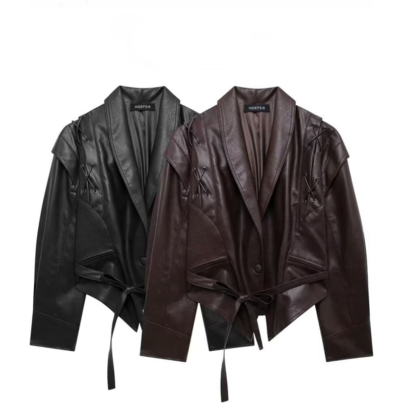Trendy Faux Leather Belted Jacket For Women - V-Neck, Long Sleeve, Streetwear Chic (XS/S/M/L, Black & Dark Brown)