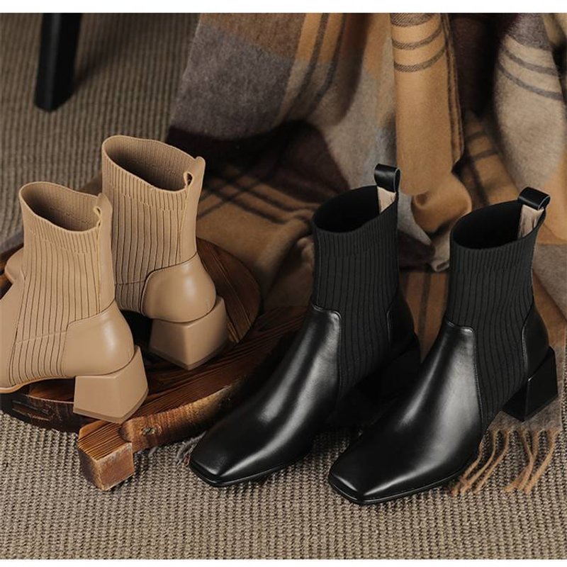 Women's Autumn And Winter --1 Thick Mid-heel Square-toed Ankle Boots, Women's Knitted