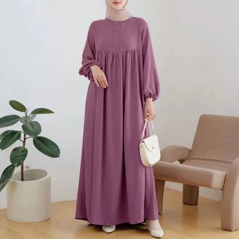 Women’s Clothing Muslim Women's Two Piece Suit New Solid Color Long Sleeved Round Neck Shirt Robe Loose Wide Leg Pants Suit
