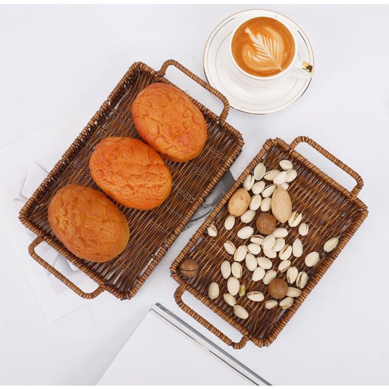 Rectangular Woven Wicker Bread Basket With Dual Handles Brown Decorative Storage Bin For Snacks Fruits Kitchen Organization Farmhouse Style Home Decor