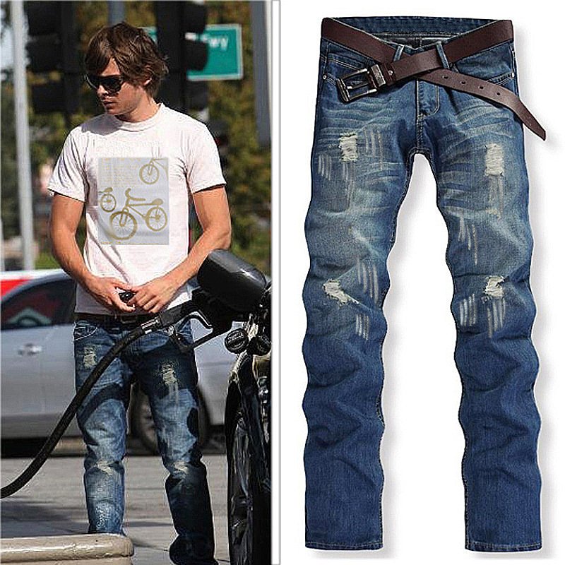 Men's Clothing Worn White Nostalgic Light Blueripped Holes Jeans