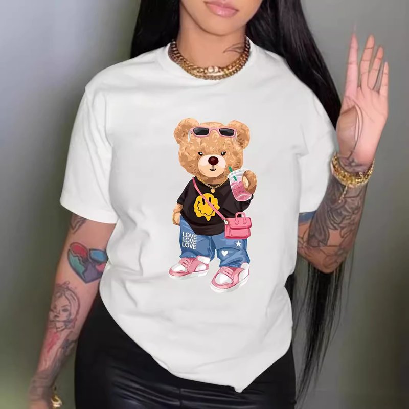 Printing fashion cool bear print T-shirt short sleeve round neck casual top summer women's clothing