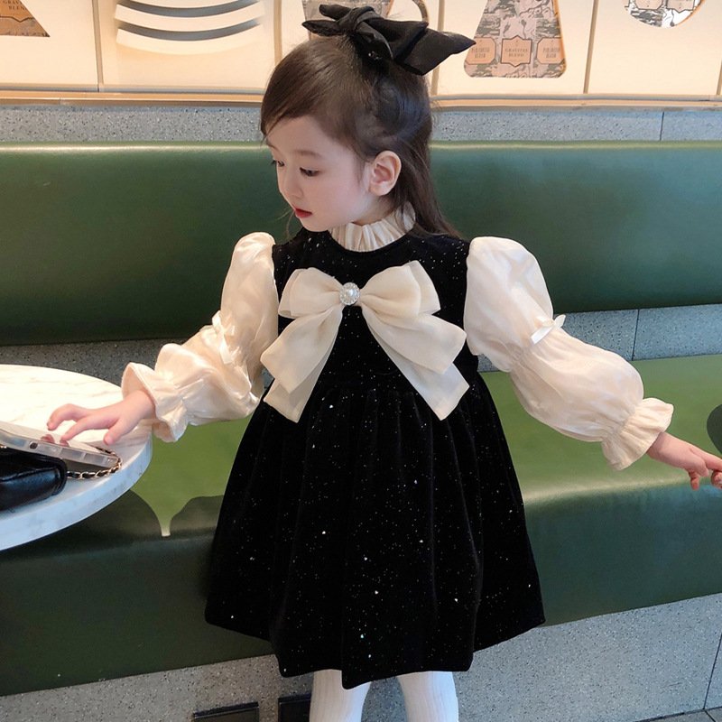French Style Children's 2023 New Black Baby Girls' Spring and Autumn Princess Dress