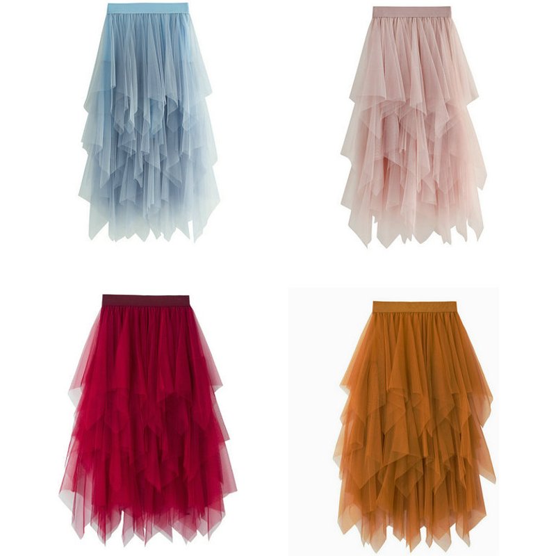 new autumn style temperament high waist slimming super fairy flower bud irregular mesh skirt female 8063