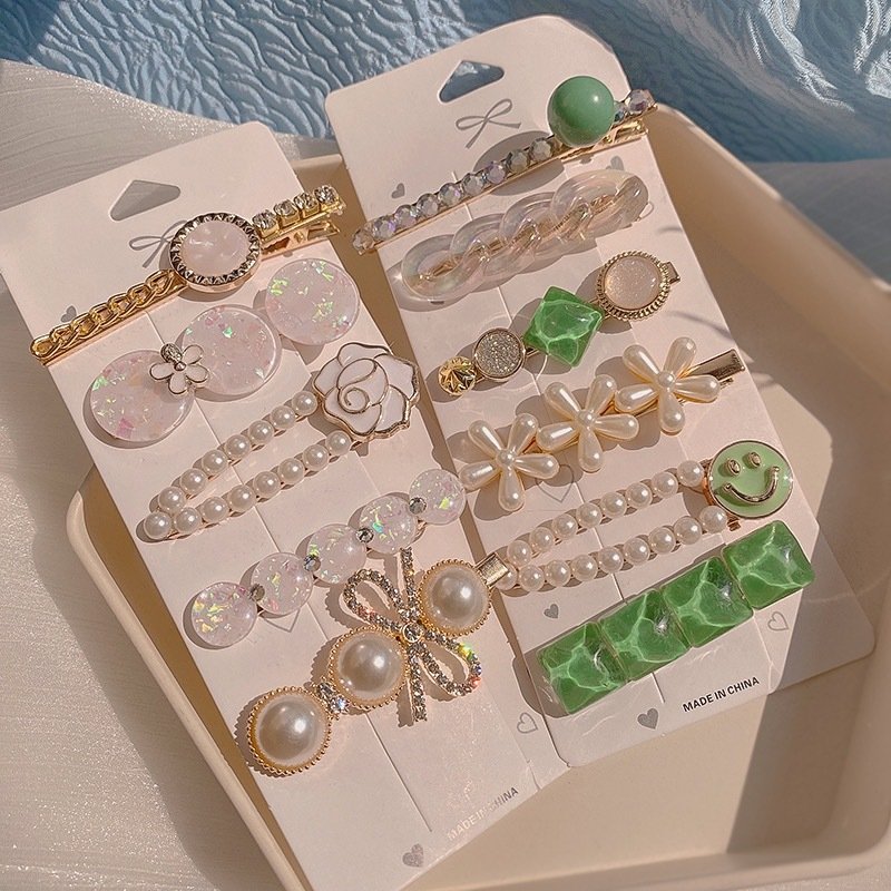 Cute Pearl Hairpin Set Rhinodiamond-lined girls one-liner hairpin hair accessories on the side