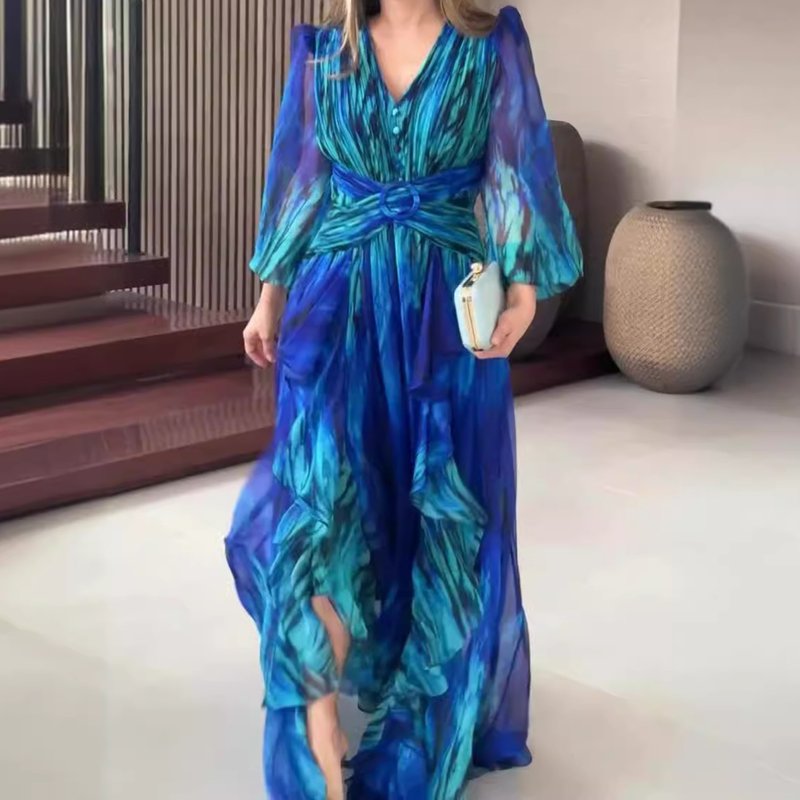 Women's Clothing retro fashion print long sleeved elegant dress