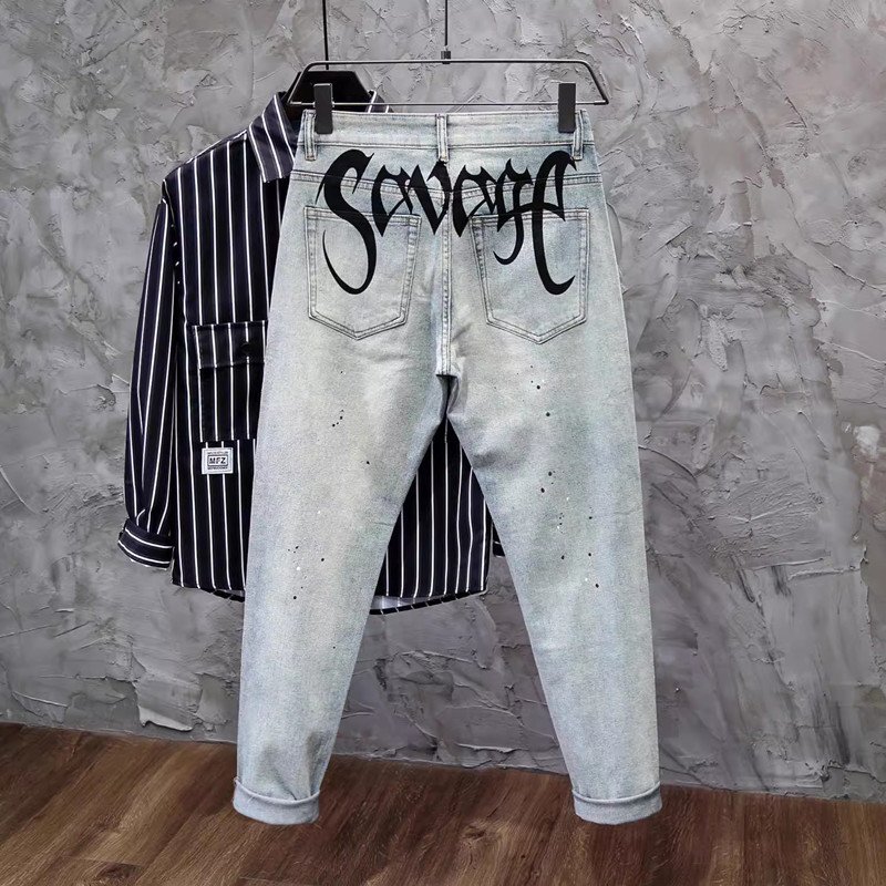 Men's Paint Wash Skinny Jeans - Retro High Street Fashion Slim Fit Denim Pants For Teen Guys (Black/Blue/Gray)​