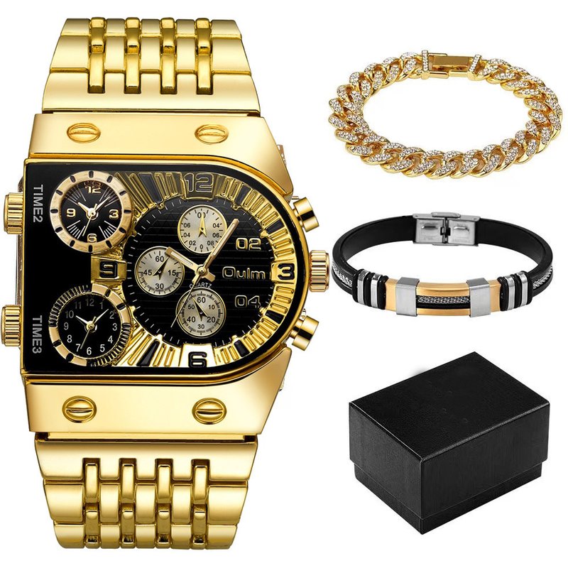 Montre à quartz multi-fuseaux horaires pour homme en acier inoxydable avec grand cadran lumineux et coffret cadeau. Montre à quartz décontractée avec bracelet en acier.