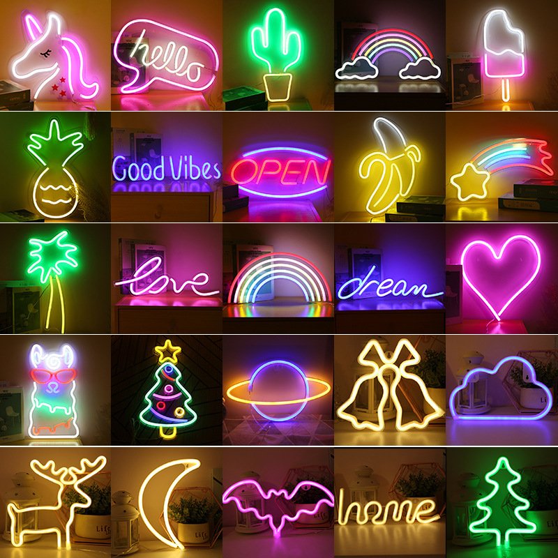 Veilleuse LED néon créative en forme de lune, cœur, arc-en-ciel, étoile, pour décoration de chambre, alimentée par piles et USB, formes multiples (éclair, amour, licorne)
