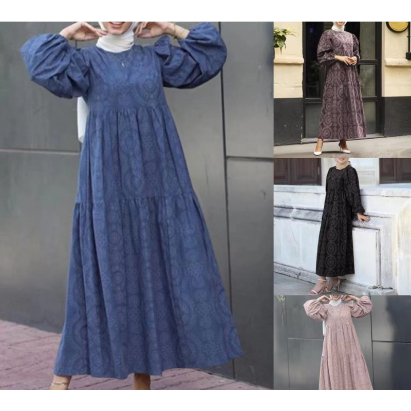 Women Printed pattern round neck pullover loose casual dress