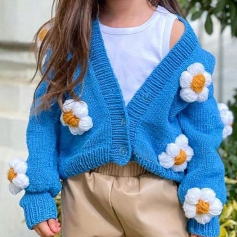 Ins Korean Version Of The Fashionable Girl's Versatile Jacket Spring And Autumn New Little Girl V Neck Sweater Long Sleeved Single Breasted Top