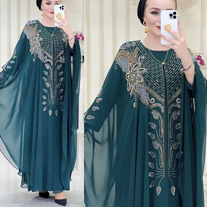 Women's Clothing Women's chiffon heavy industry hot diamond robe Middle Eastern Muslim women's clothing source manufacturer 8623