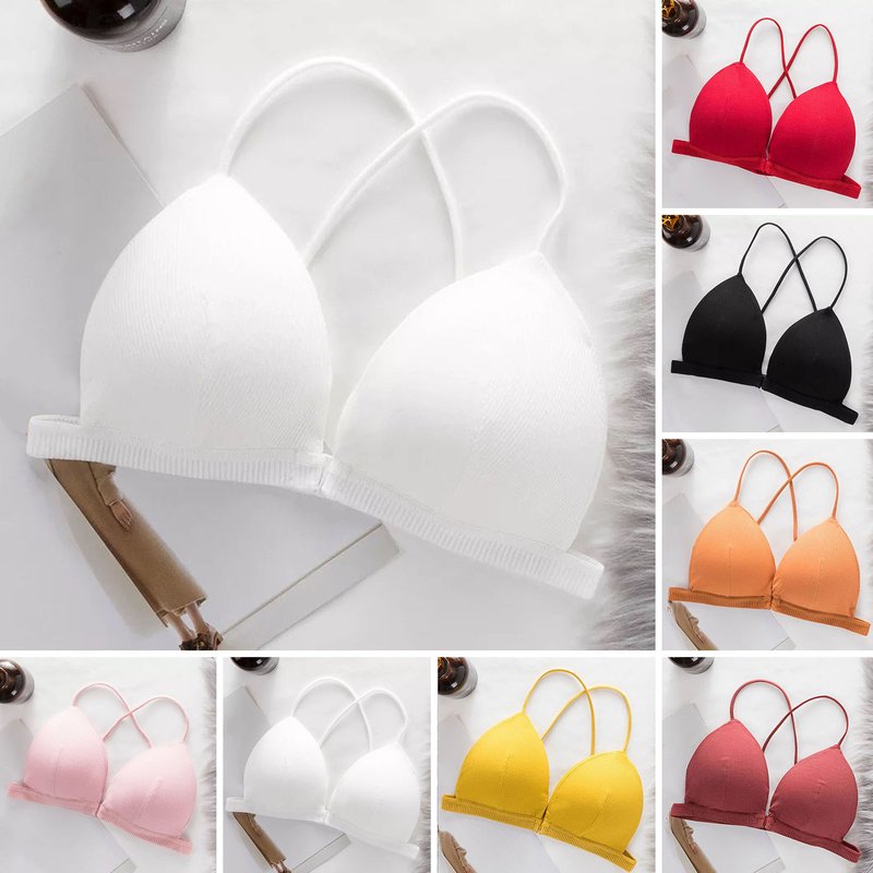 Weizhifu Women Solid Color Simple Bra Triangle Cup Thin Straps Wrapping Chest Front Buckle Wireless Ribbed Bra Sexy Sports Cross Back Bra