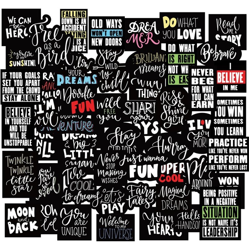 Black And White English 50 Letters Ins Style Notebook Stickers Luggage Mobile Phone Shell Computer Waterproof Decorative Stickers