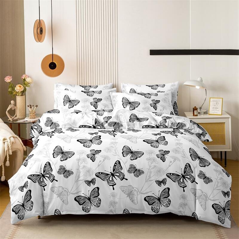 Soft Fiber Flora Butterfly Printed Duvet Cover Three - Piece Set - Active Printing - Multiple Sizes