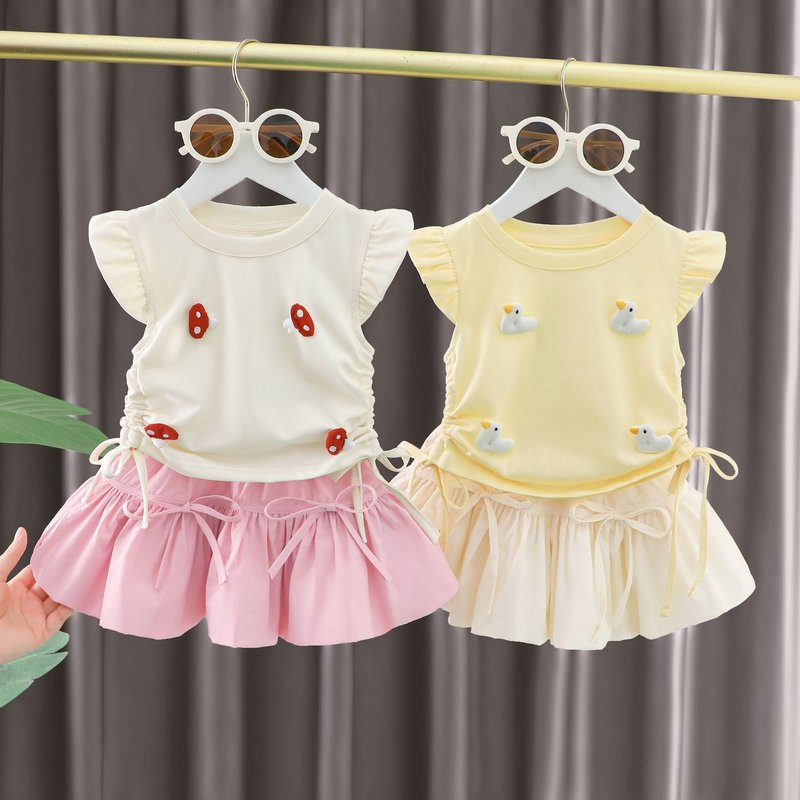 2024 New Girls' Summer Cartoon Animal Flying Sleeves Short Skirt Two Piece Set and Fashionable Baby Girl